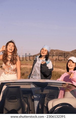 Vertical take on The three friends who travel in a convertible car and have a good time during the summer vacations.