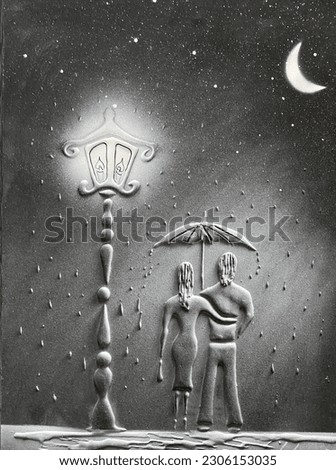 A couple in love are walking under an umbrella in the rain, at night, with the moon. Picture
