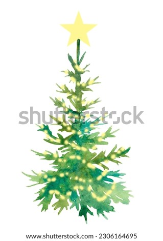 Watercolor Christmas tree with star and lights