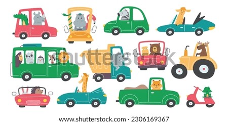 Animals in cars flat illustrations set. Funny frog, lion, dog, elephant and zebra characters riding on scooter, truck and bus. Wild and exotic crocodile, bear, hippo and fox inside transport