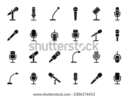 Microphone icon set. Mic icons. Icons podcast, voice recognition and record. Vector Illustration.