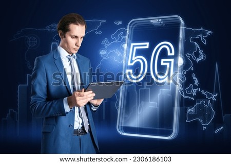 Attractive businessman using digital tablet with 5G and map hologram, polygonal connections on blurry blue background. Internet, speed and communication concept