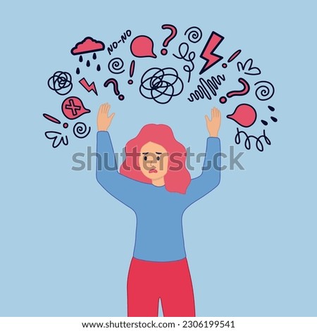 Burnout. Character get too much information. Concussed female person surrounded symbols of overload. Scared woman putting her hands over her ears. Vector flat color illustration. Royalty-Free Stock Photo #2306199541