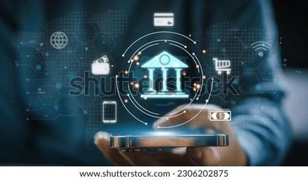 Human use smartphone with online banking digital technology, mobile banking, shopping, payment, finance, bank, withdraw money, account, transfer, credit card, financial and global business online Royalty-Free Stock Photo #2306202875