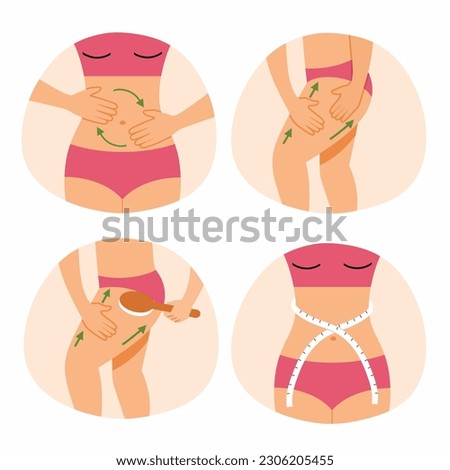 Beautiful young woman does hand massage of abdomen and thighs. Prevention cellulite. Skin care. Young and slender body. Set beauty illustrations. Royalty-Free Stock Photo #2306205455
