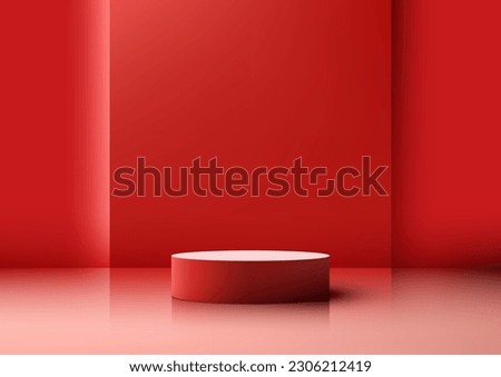 3D realistic empty red podium pedestal stand minimal wall scene on red background. Use for product display presentation, cosmetic display mockup, showcase, media banner, etc. Vector illustration Royalty-Free Stock Photo #2306212419