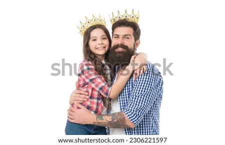 Title and achievement. Fatherhood concept. Fun with daughter. Royal family. Man golden crown and kid. King and princess. Happy family white background. Man proud of daughter. Play game with daughter