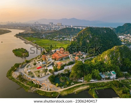 Aerial view of Da Nang Marble mountains which is a very famous destination. Royalty-Free Stock Photo #2306240417