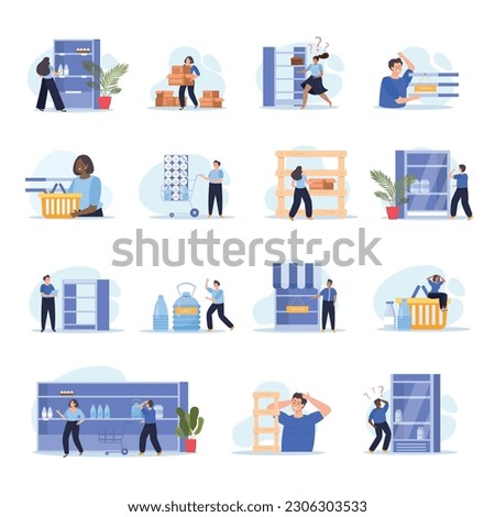 Shortage of goods flat set of isolated icons with supermarket shelves racks and bottles becoming empty vector illustration Royalty-Free Stock Photo #2306303533
