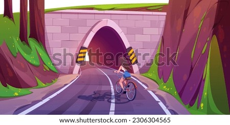 Girl riding bicycle on highway with tunnel through hill. Vector cartoon illustration of young woman cycling on mountain road with tall trees, green grass, rocks on sides. Healthy outdoor activity