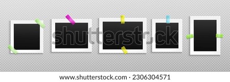 Photo frame collage with tape vector mockup. Album foto template isolated on transparent background. Blank polaroid memory image or film snapshot picture design set. Empty realistic postcard snap Royalty-Free Stock Photo #2306304571