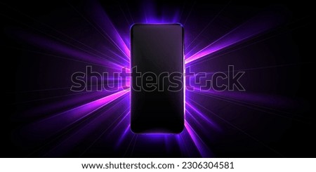 3d mobile phone screen on light glow background. Smartphone futuristic app mockup with abstract beams flare texture pattern scene template. Realistic glossy winner game presentation on device Royalty-Free Stock Photo #2306304581