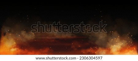 Fire spark overlay with smoke and flame background. Grill heat glow in cloud isolated transparent vector. Realistic flying orange sparkle abstract illustration. Hell bonfire fiery with hot cinder Royalty-Free Stock Photo #2306304597