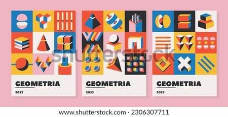 Bauhaus Pattern Banners or Posters Featuring Volumetric Figures, Geometric Shapes, Bold Colors, And Dynamic Compositions Royalty-Free Stock Photo #2306307711