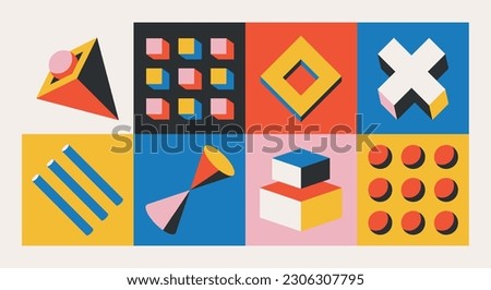 Bauhaus Pattern With Volumetric Figures. Geometric Shapes And Three-dimensional Forms Create Dynamic And Abstract Design Royalty-Free Stock Photo #2306307795
