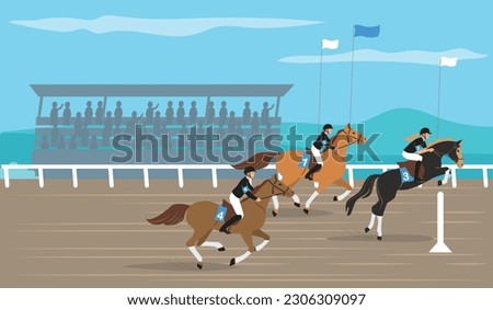 Three jockeys participating in horse race with obstacles flat vector illustration Royalty-Free Stock Photo #2306309097