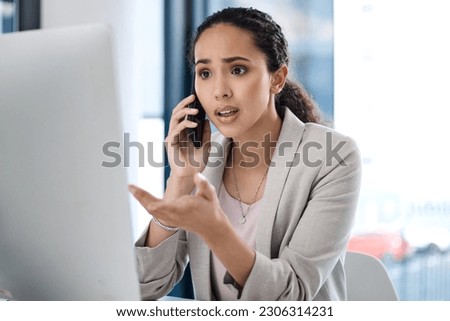 Stress, business call and woman with computer scam and email in a office with conversation. Spam, African female person and anxiety of a employee talking on a web help communication at a company Royalty-Free Stock Photo #2306314231