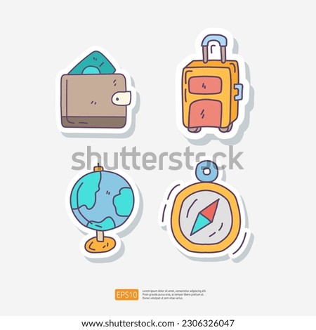 Travel Tour and Holiday Vacation Concept Vector Illustration. Wallet, Earth Globe, Suitcase Bag, Compass. Summer and Tourism Doodle Sticker Set Icon