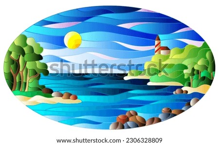 Illustration in stained glass style with seascape, sea with and shore against a Sunny sky with clouds, oval image