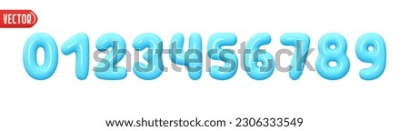 Blue numbers from 0 to 9. Collection of voluminous inflated color numbers from balloon. Set of bright bubble spherical numbering figures. Elements in cartoon style. vector illustration