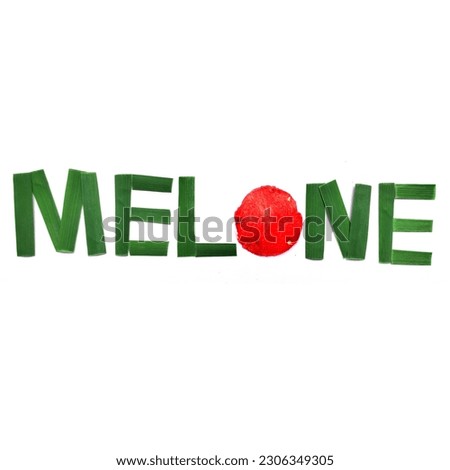 Melon green leaf font isolated on white background. real leaf and fruit font.