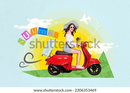 Bright creative picture image artwork collage 3d pop image of crazy overjoyed girl riding airport weekend trip isolated painting background