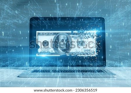 Replacement of traditional money with digital concept with vanishing 100 dollar banknote, matrix and binary code symbols on modern laptop background, double exposure