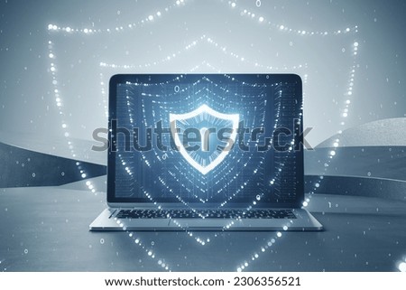 Close up of laptop with glowing polygonal web security shield hologram on blurry abstract background. Digital interface and protection concept. Double exposure