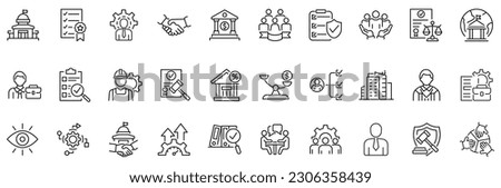 Set of line icons related to governance, management, gov. Outline icon collection. Editable stroke. Vector illustration Royalty-Free Stock Photo #2306358439