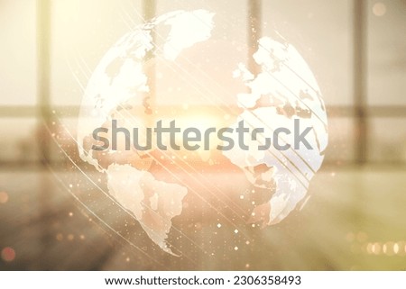 Double exposure of abstract digital world map on empty modern office background, research and strategy concept