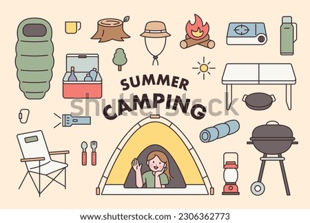 A collection of camping equipment. Simple outline style vector illustration.