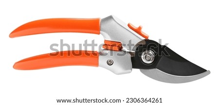 Secateurs with orange handles isolated on white, top view. Gardening tool Royalty-Free Stock Photo #2306364261