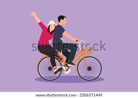 Character flat drawing of romantic couple have fun riding on bike. Happy man and woman cycling with holding hands together. Togetherness of young husband and wife. Cartoon design vector illustration