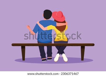 Graphic flat design drawing back view romantic couple chatting and hugging while sitting on bench. Happy couple getting ready for wedding. Engagement, love relation. Cartoon style vector illustration