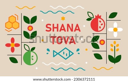 Jewish holiday Rosh Hashana, greeting card in minimalistic style. Jewish traditional greetings shana tova. Pomegranate, apple, fish, honey and flowers. Vector illustration Royalty-Free Stock Photo #2306372111