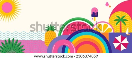 Colorful Geometric Summer Background, poster, banner. Summer time fun concept design promotion design Royalty-Free Stock Photo #2306374859
