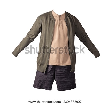 men's  dark green knitten bomber jacket,beige  shirt and black sports shorts isolated on white background. fashionable casual wear