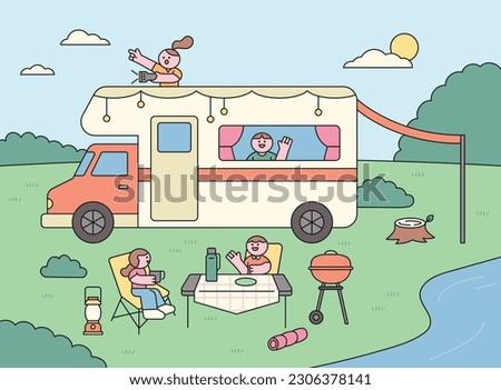 Camping vans and people enjoying camping. Camping table and chairs. friends saying hello.
