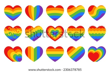 Pride text with red heart in rainbow colors of LGBTQ flag isolated on white background. Set of LGBT symbols. Vector elements for Pride Month design Royalty-Free Stock Photo #2306378785