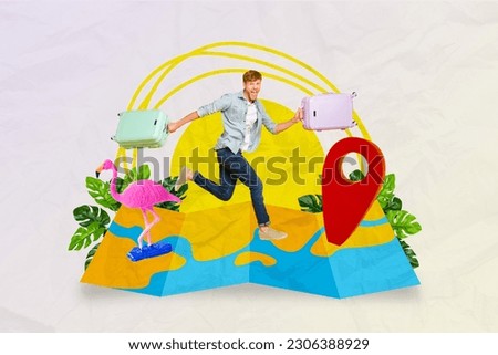 Picture bright collage poster banner image of happy cheerful guy hurry airport flying abroad tropical country isolated drawing background