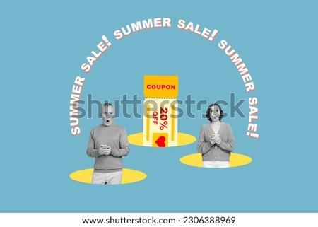 Poster collage banner picture of two funny shocked people use phone choose goods online -20 off isolated on blue color background