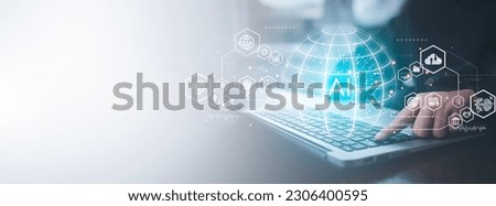 Programmer people working laptops or smartphones with AI, artificial intelligence software engineer coding on laptop computers with technology icons and binary code, big data, Ai bot digital machine Royalty-Free Stock Photo #2306400595