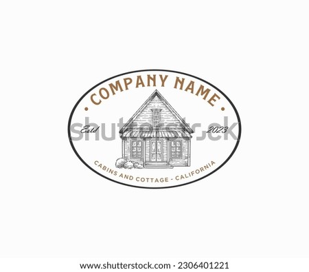 Vintage cottage house logo design badge with hand drawn retro style