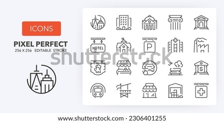 Set of thin line icons about city buildings and services. Outline symbol collection 1of 2. Editable vector stroke. 256x256 Pixel Perfect scalable to 128px, 64px... Royalty-Free Stock Photo #2306401255