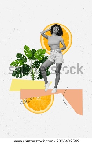 Artwork magazine collage picture of smiling cool lady enjoying citrus fruits isolated drawing background