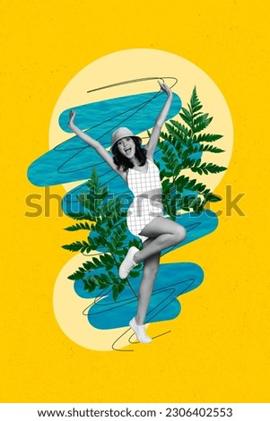 Collage 3d retro sketch image of smiling excited lady enjoying summer journey isolated yellow color background