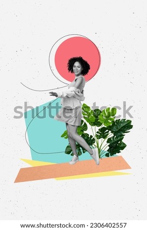 Creative abstract template graphics collage image of happy smiling lady walking dancing isolated white color background