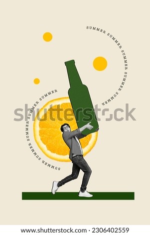 Vertical picture collage image banner of crazy funky guy hold big large bottle cognac tequila isolated on white color painting background