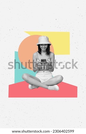 Collage retro sketch image of charming happy lady chatting instagram twitter telegram facebook isolated painting background