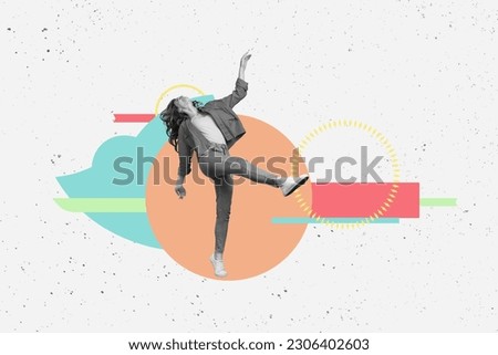 Creative magazine collage image of smiling happy lady walking dancing isolated white color background